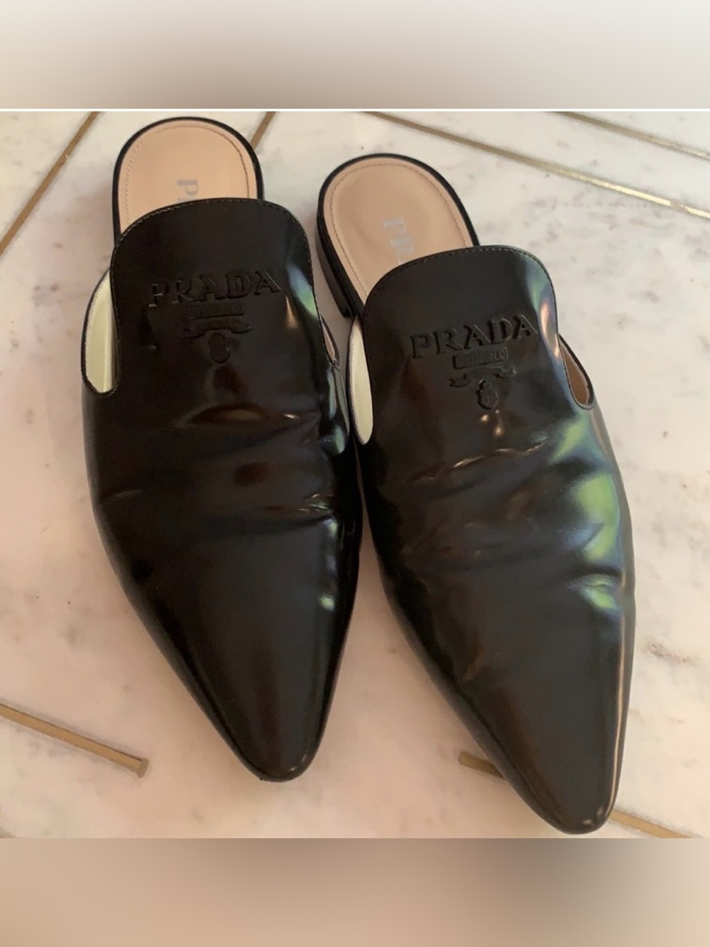 PRADA Patent Leather Pointed Slip-On Mules